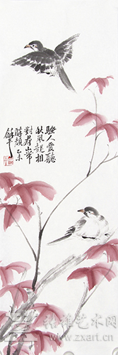 当代写意花鸟画大家王和平作品 红叶双翎-69×23cm-设色纸本